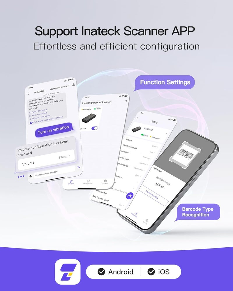 Inateck Barcode Scanner Bluetooth, 1D 2D QR Code Scanner Kabellos 2.4GHz, Portable Wireless Barcode-Scanner Laser, Mini Handscanner with APP and SDK, BCST-46 - Image 4
